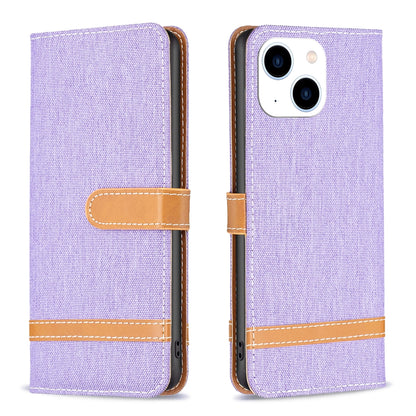 ELECTROPRIME For iPhone 15 Color Block Denim Texture Leather Phone Case(Purple)