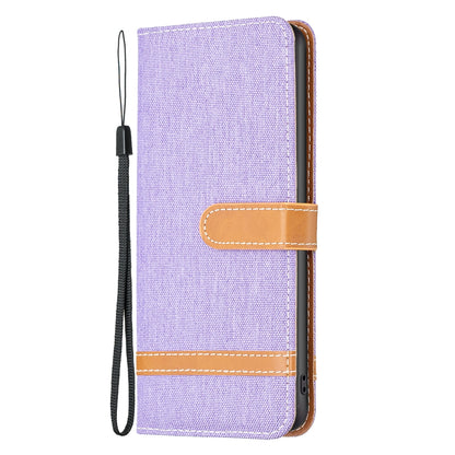 ELECTROPRIME For iPhone 15 Color Block Denim Texture Leather Phone Case(Purple)