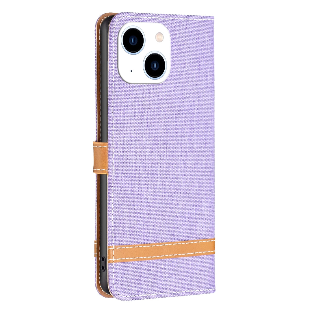 ELECTROPRIME For iPhone 15 Color Block Denim Texture Leather Phone Case(Purple)