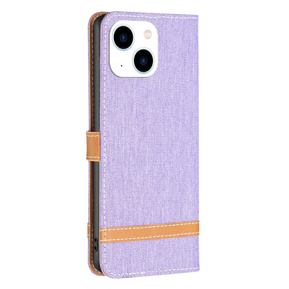 ELECTROPRIME For iPhone 15 Color Block Denim Texture Leather Phone Case(Purple)