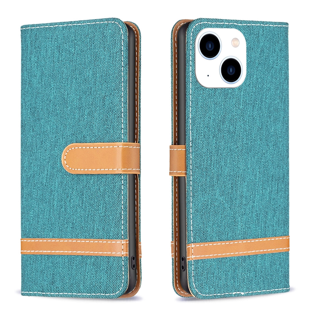ELECTROPRIME For iPhone 15 Color Block Denim Texture Leather Phone Case(Green)