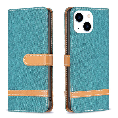 ELECTROPRIME For iPhone 15 Color Block Denim Texture Leather Phone Case(Green)