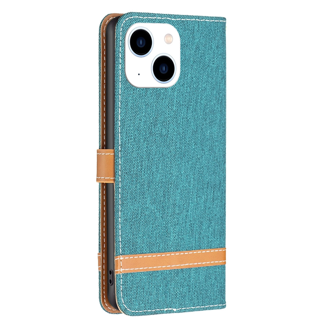 ELECTROPRIME For iPhone 15 Color Block Denim Texture Leather Phone Case(Green)