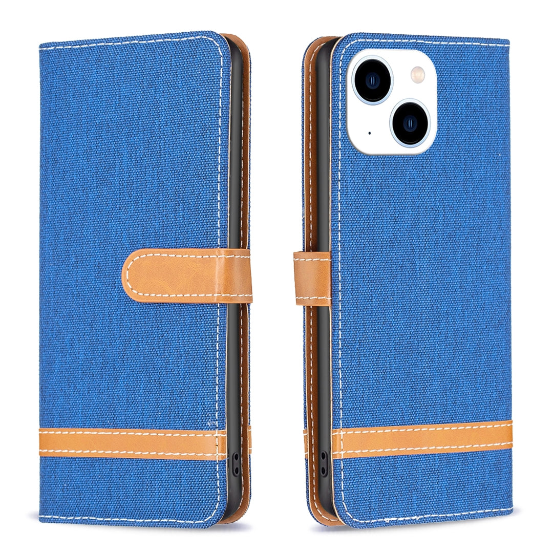 ELECTROPRIME For iPhone 15 Color Block Denim Texture Leather Phone Case(Royal Blue)