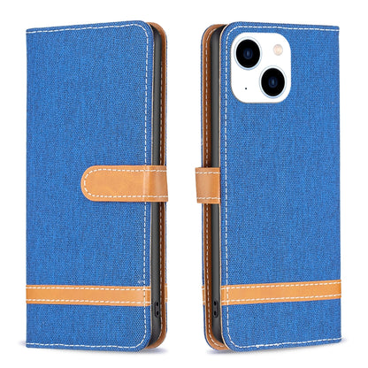 ELECTROPRIME For iPhone 15 Color Block Denim Texture Leather Phone Case(Royal Blue)