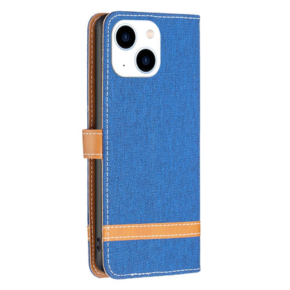 ELECTROPRIME For iPhone 15 Color Block Denim Texture Leather Phone Case(Royal Blue)