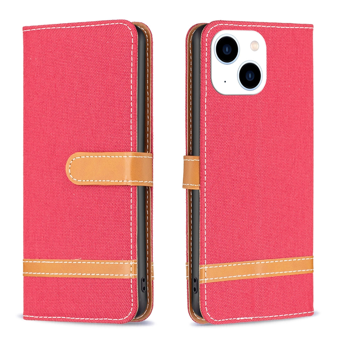 ELECTROPRIME For iPhone 15 Color Block Denim Texture Leather Phone Case(Red)