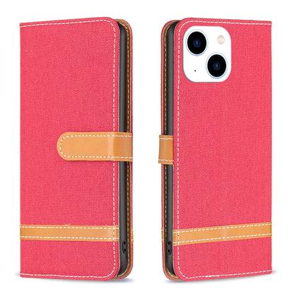 ELECTROPRIME For iPhone 15 Color Block Denim Texture Leather Phone Case(Red)