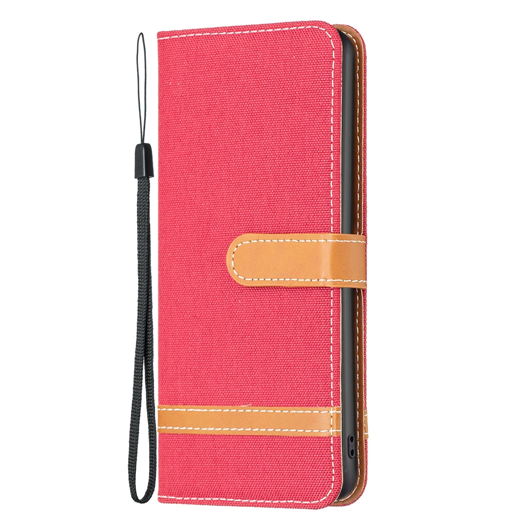ELECTROPRIME For iPhone 15 Color Block Denim Texture Leather Phone Case(Red)