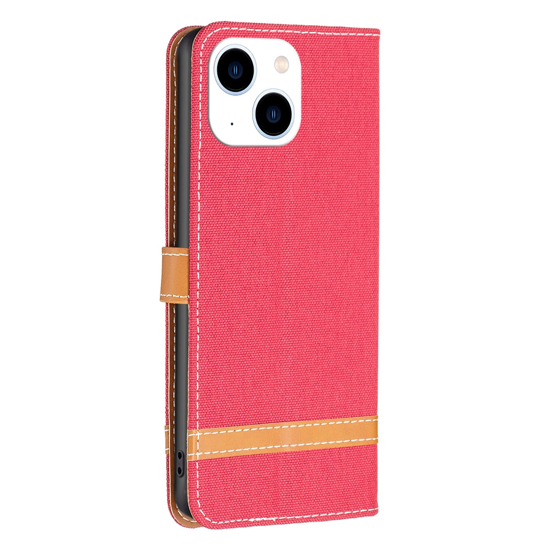 ELECTROPRIME For iPhone 15 Color Block Denim Texture Leather Phone Case(Red)