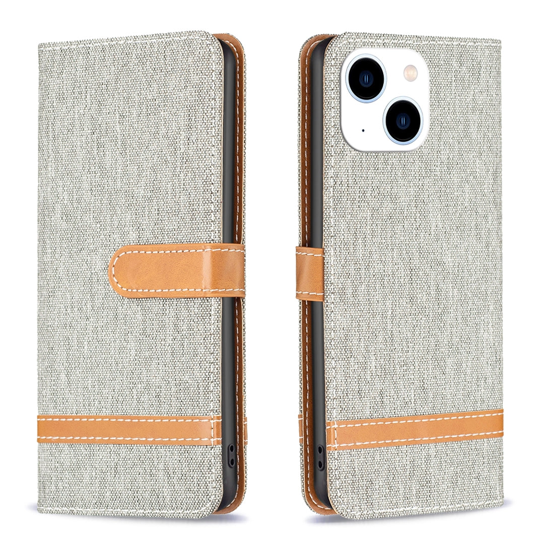 ELECTROPRIME For iPhone 15 Color Block Denim Texture Leather Phone Case(Grey)