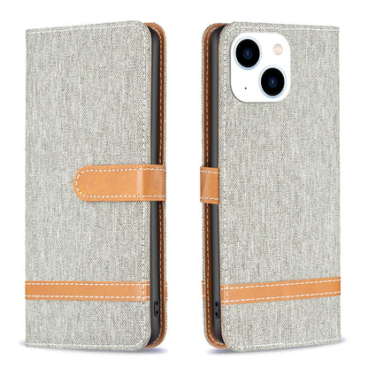 ELECTROPRIME For iPhone 15 Color Block Denim Texture Leather Phone Case(Grey)