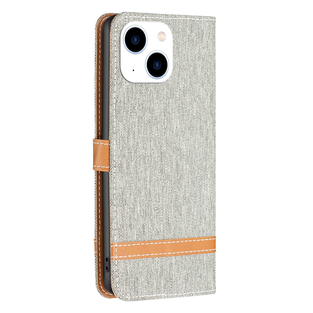 ELECTROPRIME For iPhone 15 Color Block Denim Texture Leather Phone Case(Grey)