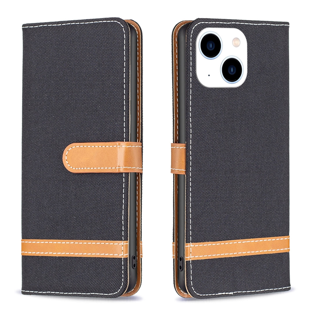 ELECTROPRIME For iPhone 15 Color Block Denim Texture Leather Phone Case(Black)