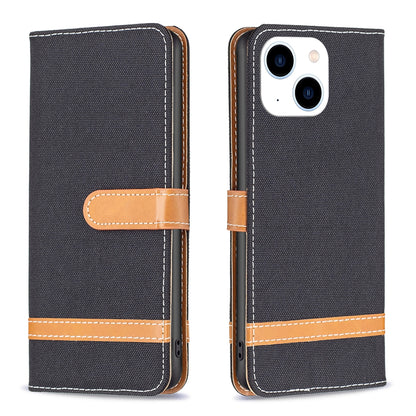 ELECTROPRIME For iPhone 15 Color Block Denim Texture Leather Phone Case(Black)