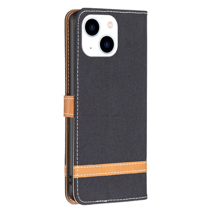 ELECTROPRIME For iPhone 15 Color Block Denim Texture Leather Phone Case(Black)