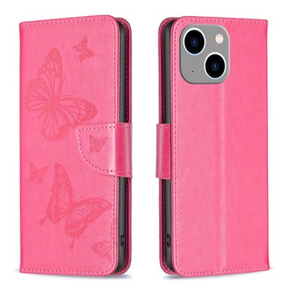 ELECTROPRIME For iPhone 15 Plus Embossing Two Butterflies Pattern Leather Phone Case(Rose Red)