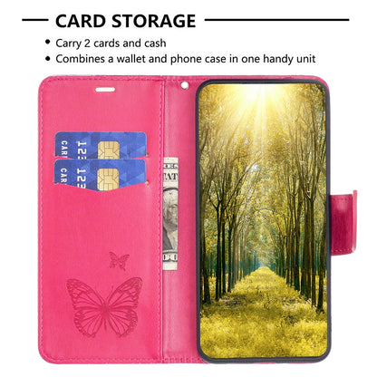 ELECTROPRIME For iPhone 15 Plus Embossing Two Butterflies Pattern Leather Phone Case(Rose Red)