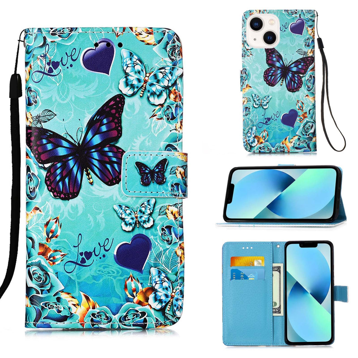 ELECTROPRIME For iPhone 15 Colored Drawing Pattern Plain Weave Leather Phone Case(Caring Butterfly)