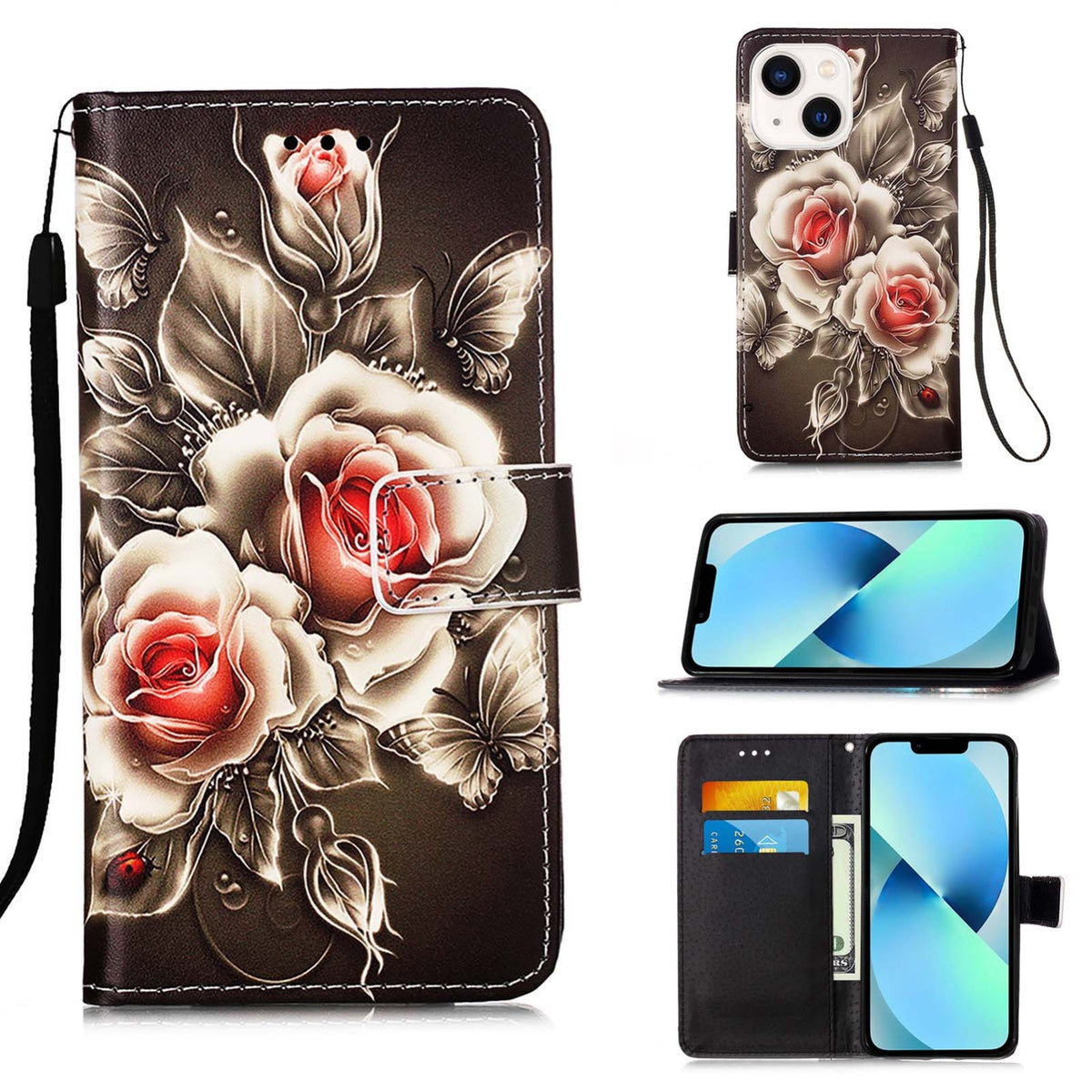 ELECTROPRIME For iPhone 15 Colored Drawing Pattern Plain Weave Leather Phone Case(Roses On Black)