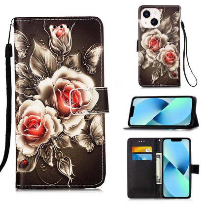 ELECTROPRIME For iPhone 15 Colored Drawing Pattern Plain Weave Leather Phone Case(Roses On Black)
