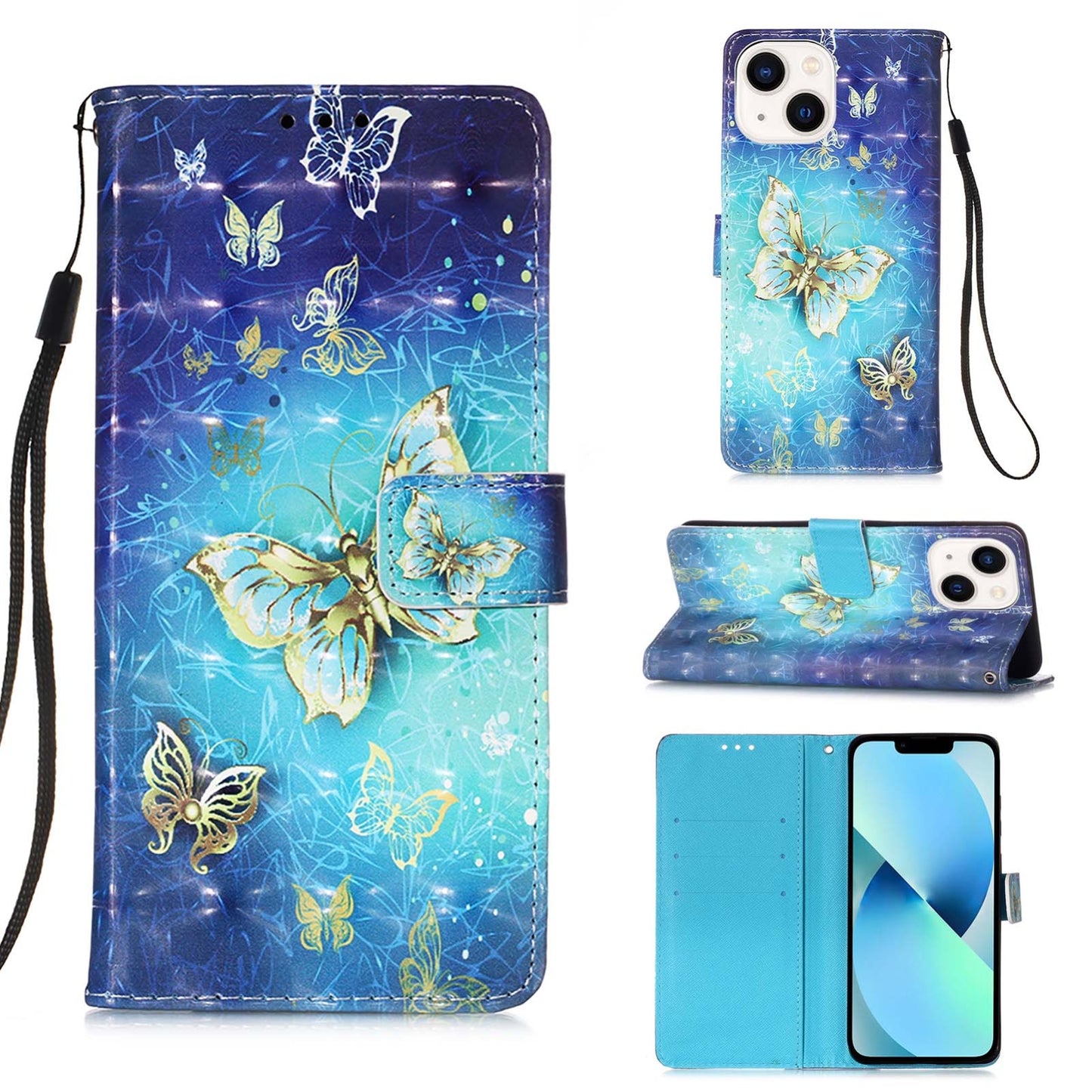 ELECTROPRIME For iPhone 15 3D Painting Horizontal Flip Leather Phone Case(Golden Butterfly)