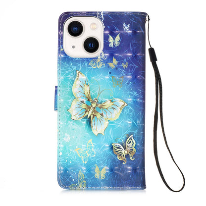 ELECTROPRIME For iPhone 15 3D Painting Horizontal Flip Leather Phone Case(Golden Butterfly)