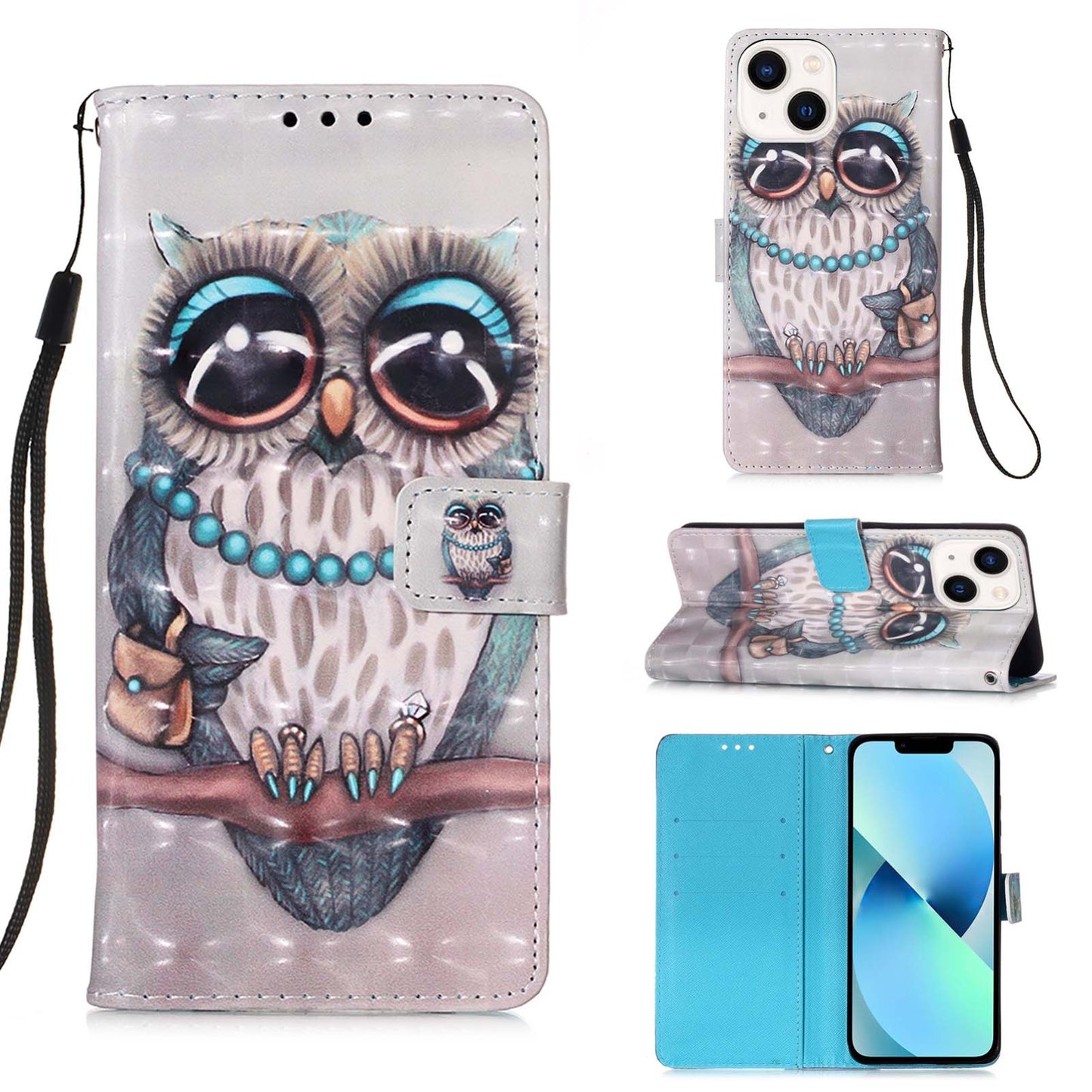 ELECTROPRIME For iPhone 15 3D Painting Horizontal Flip Leather Phone Case(Grey Owl)