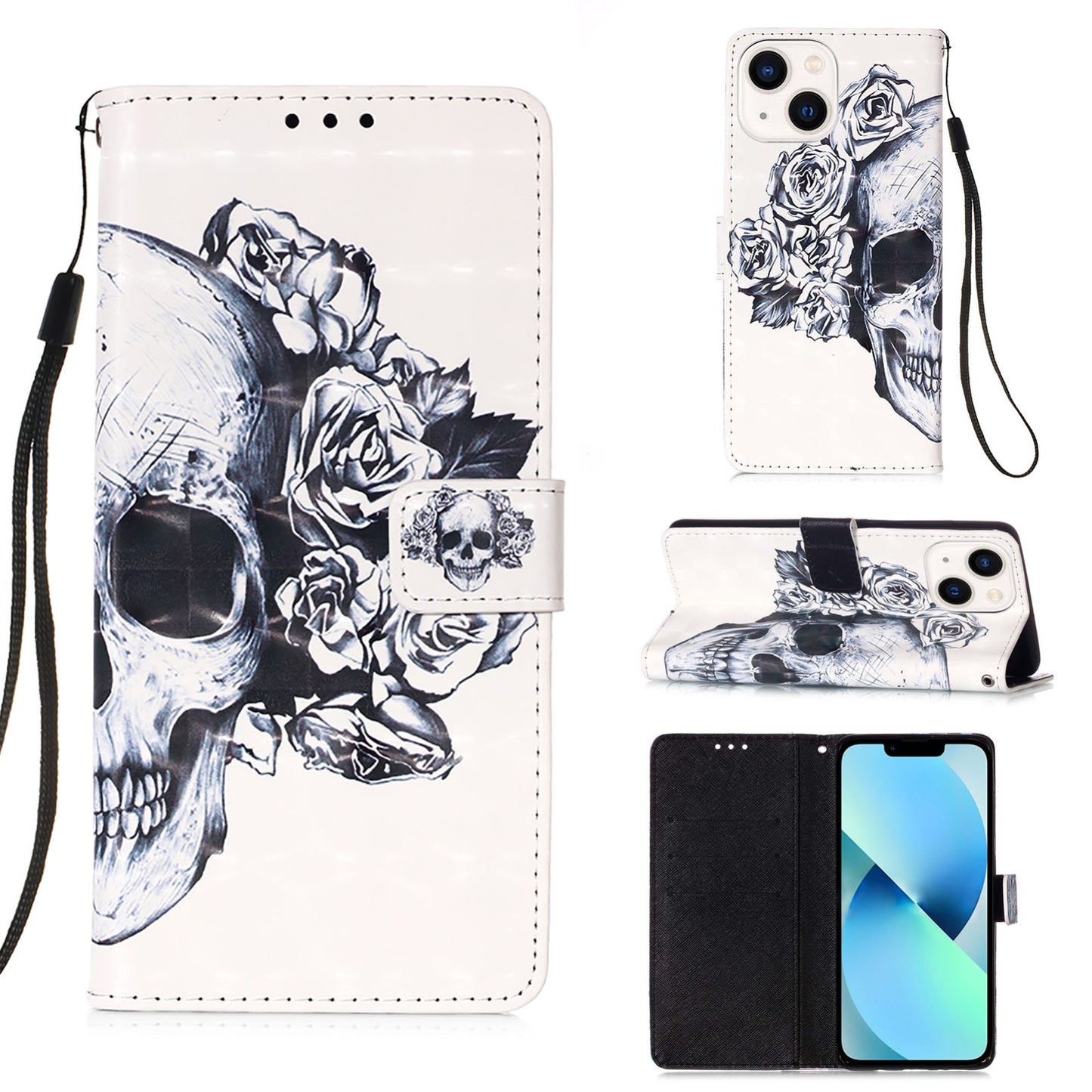ELECTROPRIME For iPhone 15 3D Painting Horizontal Flip Leather Phone Case(Skull)