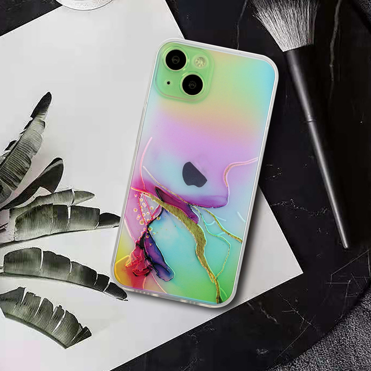 ELECTROPRIME For iPhone 15 Laser Marble Pattern Clear TPU Shockproof Phone Case(Green)