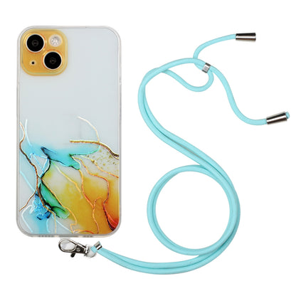 ELECTROPRIME For iPhone 15 Hollow Marble Pattern TPU Shockproof Phone Case with Rope(Yellow)