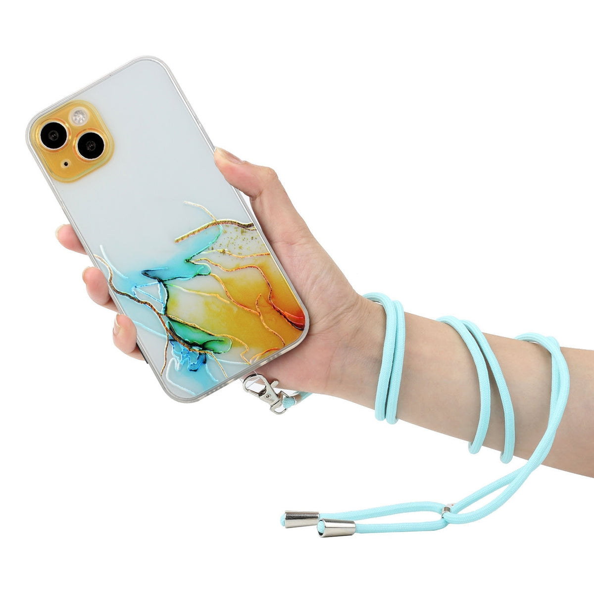 ELECTROPRIME For iPhone 15 Hollow Marble Pattern TPU Shockproof Phone Case with Rope(Yellow)