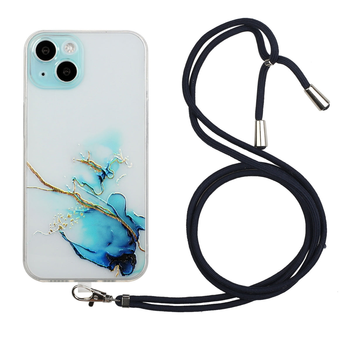 ELECTROPRIME For iPhone 15 Hollow Marble Pattern TPU Shockproof Phone Case with Rope(Blue)