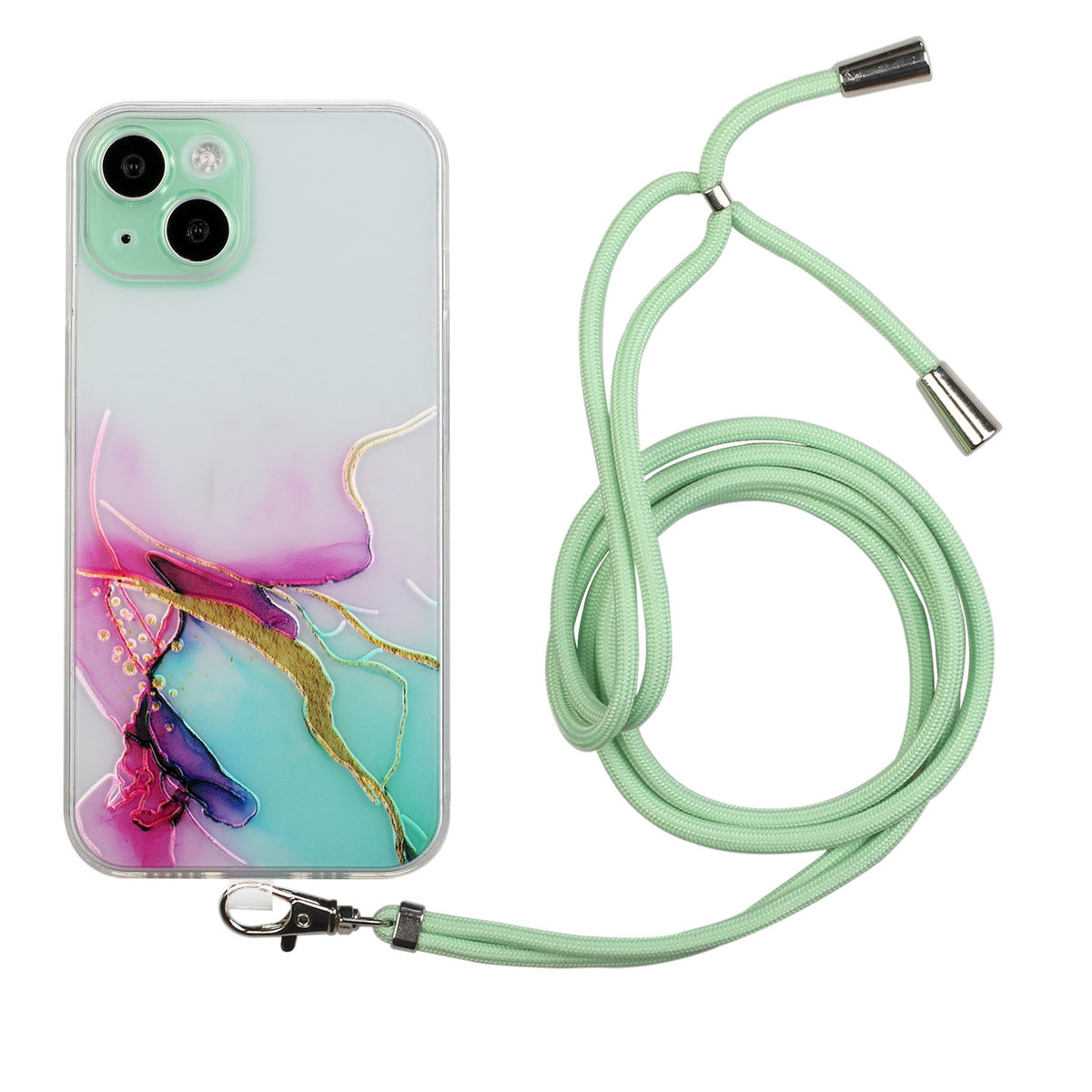ELECTROPRIME For iPhone 15 Hollow Marble Pattern TPU Shockproof Phone Case with Rope(Green)