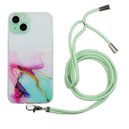 ELECTROPRIME For iPhone 15 Hollow Marble Pattern TPU Shockproof Phone Case with Rope(Green)
