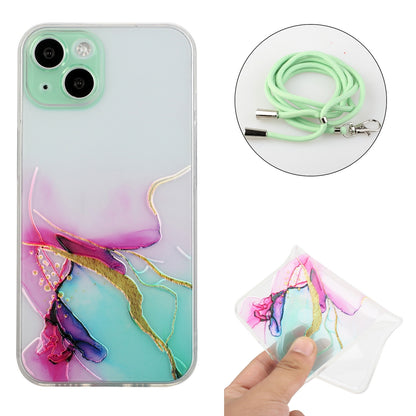 ELECTROPRIME For iPhone 15 Hollow Marble Pattern TPU Shockproof Phone Case with Rope(Green)