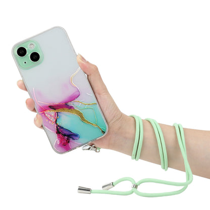 ELECTROPRIME For iPhone 15 Hollow Marble Pattern TPU Shockproof Phone Case with Rope(Green)