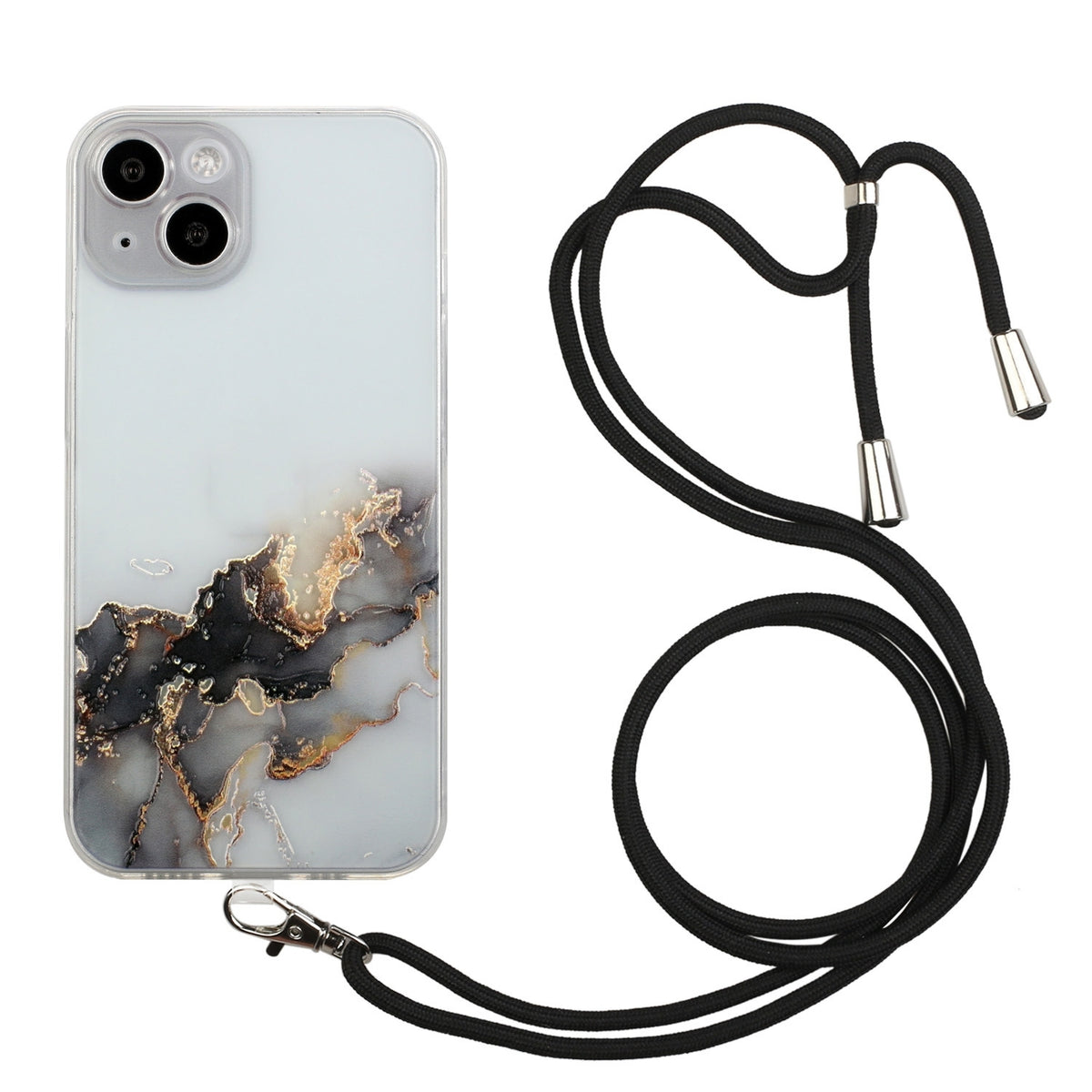 ELECTROPRIME For iPhone 15 Hollow Marble Pattern TPU Shockproof Phone Case with Rope(Black)