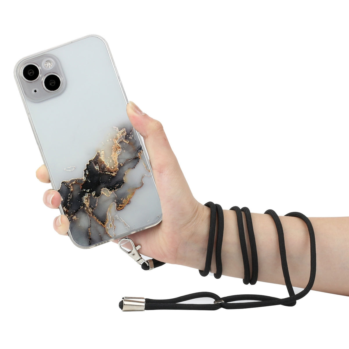 ELECTROPRIME For iPhone 15 Hollow Marble Pattern TPU Shockproof Phone Case with Rope(Black)