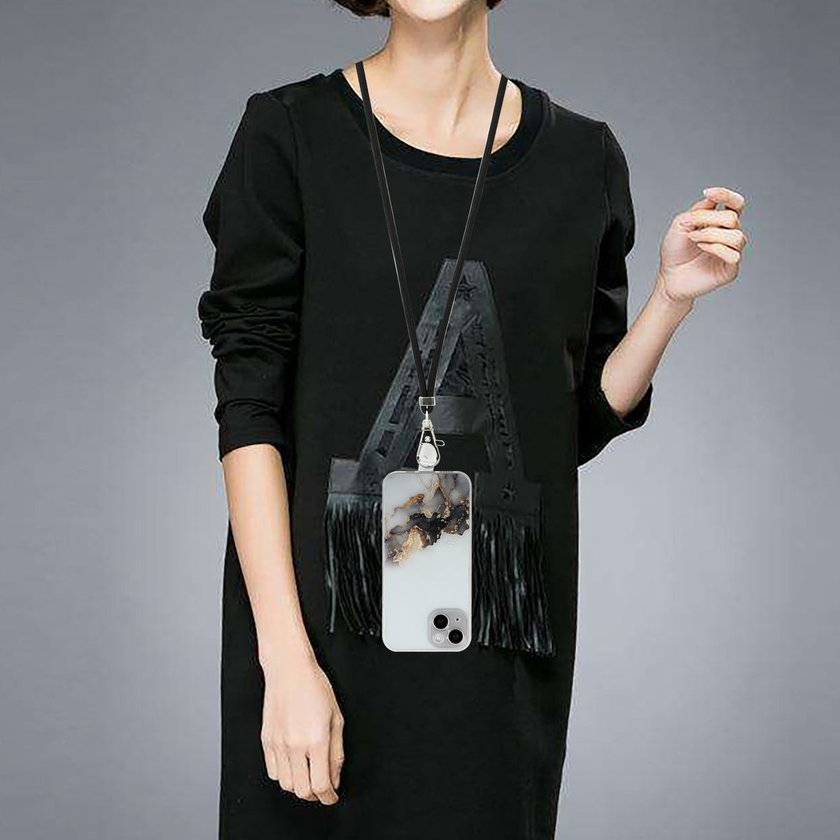 ELECTROPRIME For iPhone 15 Hollow Marble Pattern TPU Shockproof Phone Case with Rope(Black)