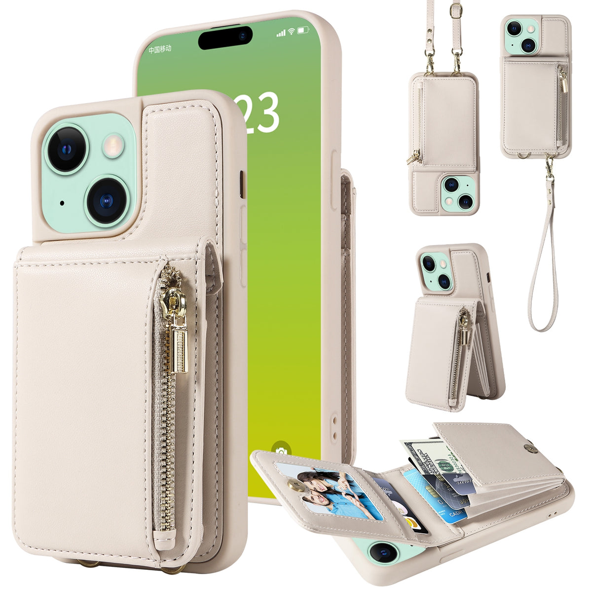 ELECTROPRIME For iPhone 15 Plus Crossbody Lanyard Zipper Wallet Leather Phone Case(Beige)