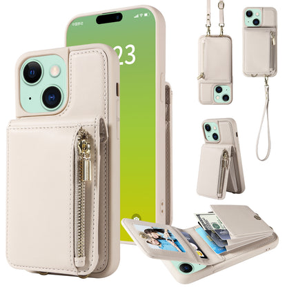 ELECTROPRIME For iPhone 15 Plus Crossbody Lanyard Zipper Wallet Leather Phone Case(Beige)