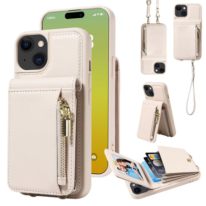 ELECTROPRIME For iPhone 15 Crossbody Lanyard Zipper Wallet Leather Phone Case(Beige)