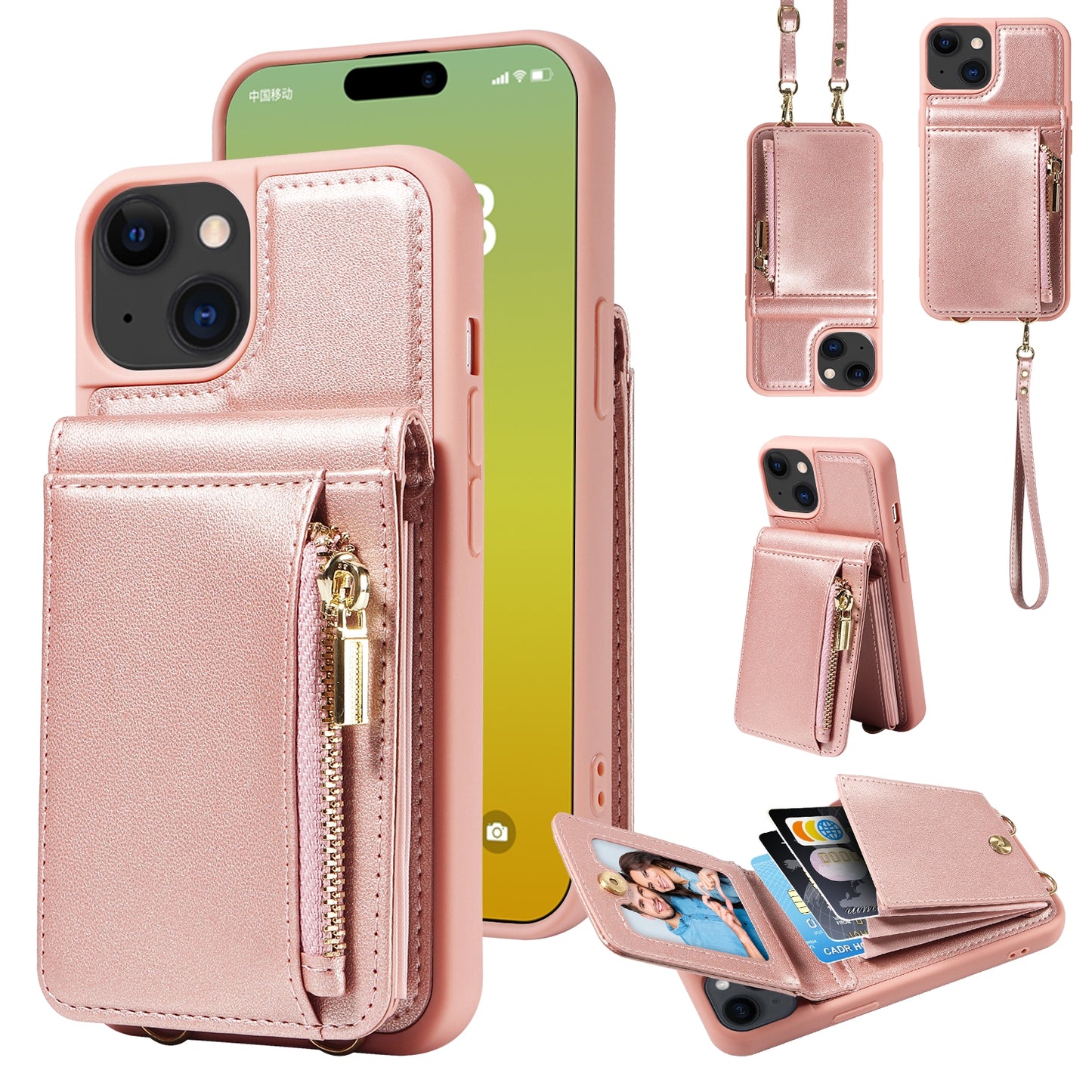 ELECTROPRIME For iPhone 15 Crossbody Lanyard Zipper Wallet Leather Phone Case(Rose Gold)