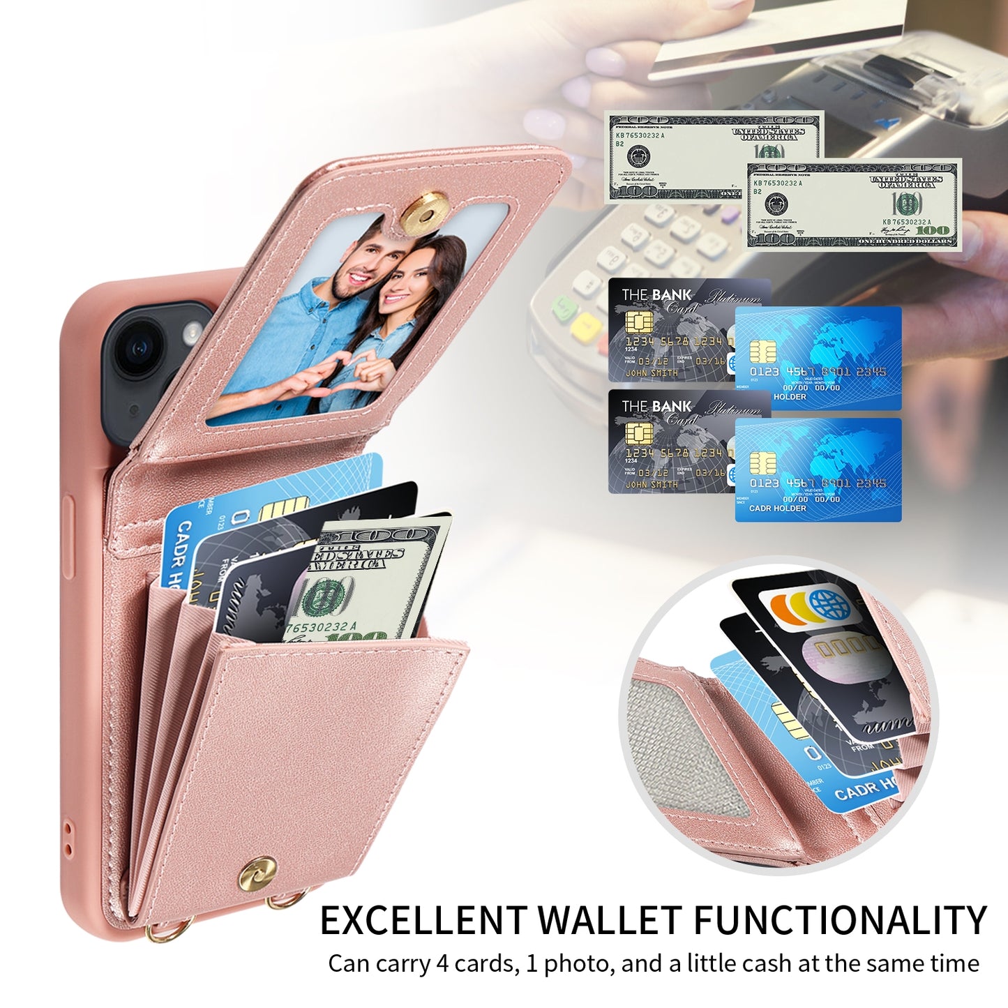 ELECTROPRIME For iPhone 15 Crossbody Lanyard Zipper Wallet Leather Phone Case(Rose Gold)