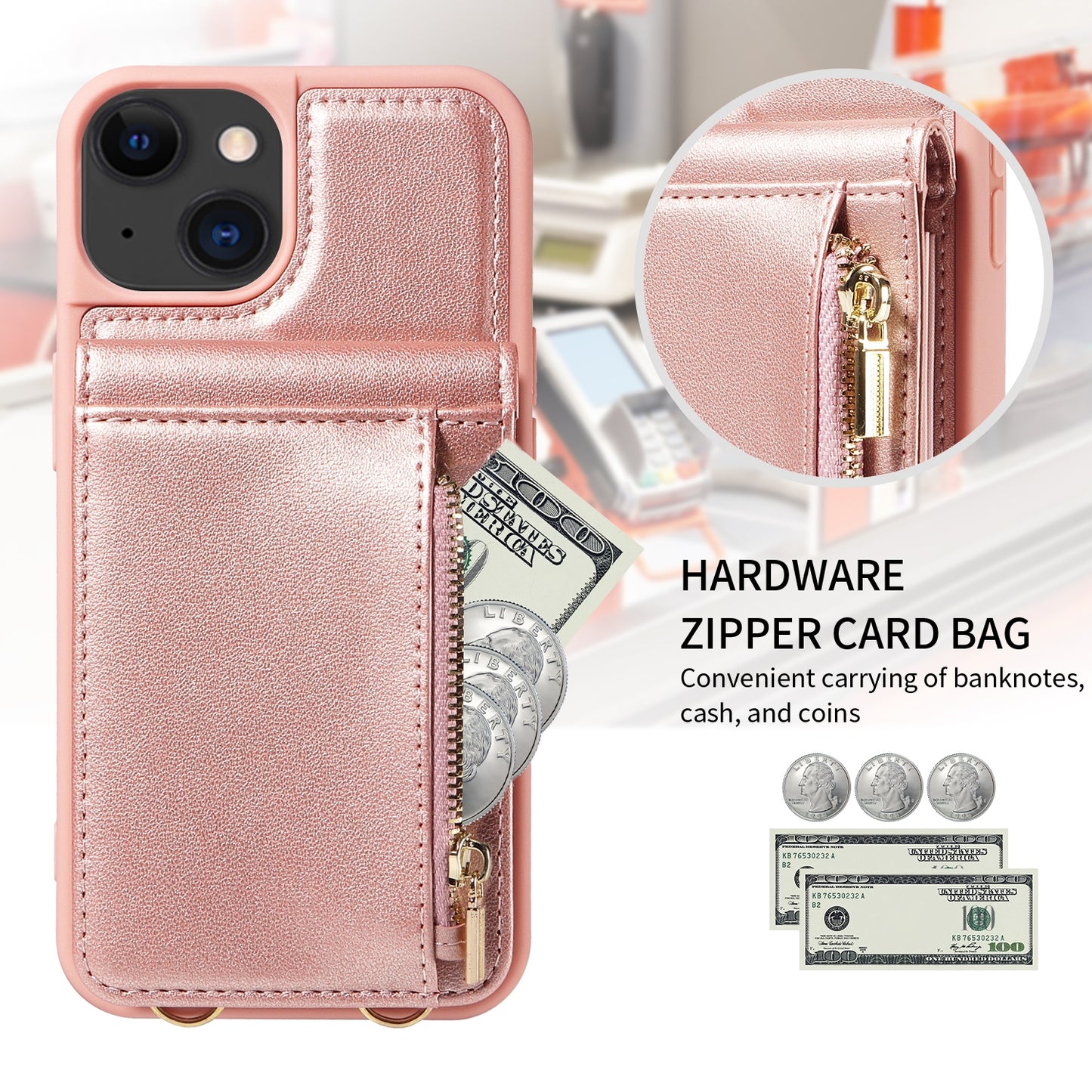 ELECTROPRIME For iPhone 15 Crossbody Lanyard Zipper Wallet Leather Phone Case(Rose Gold)