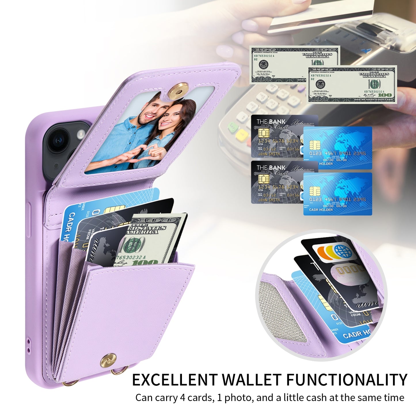 ELECTROPRIME For iPhone 15 Crossbody Lanyard Zipper Wallet Leather Phone Case(Purple)