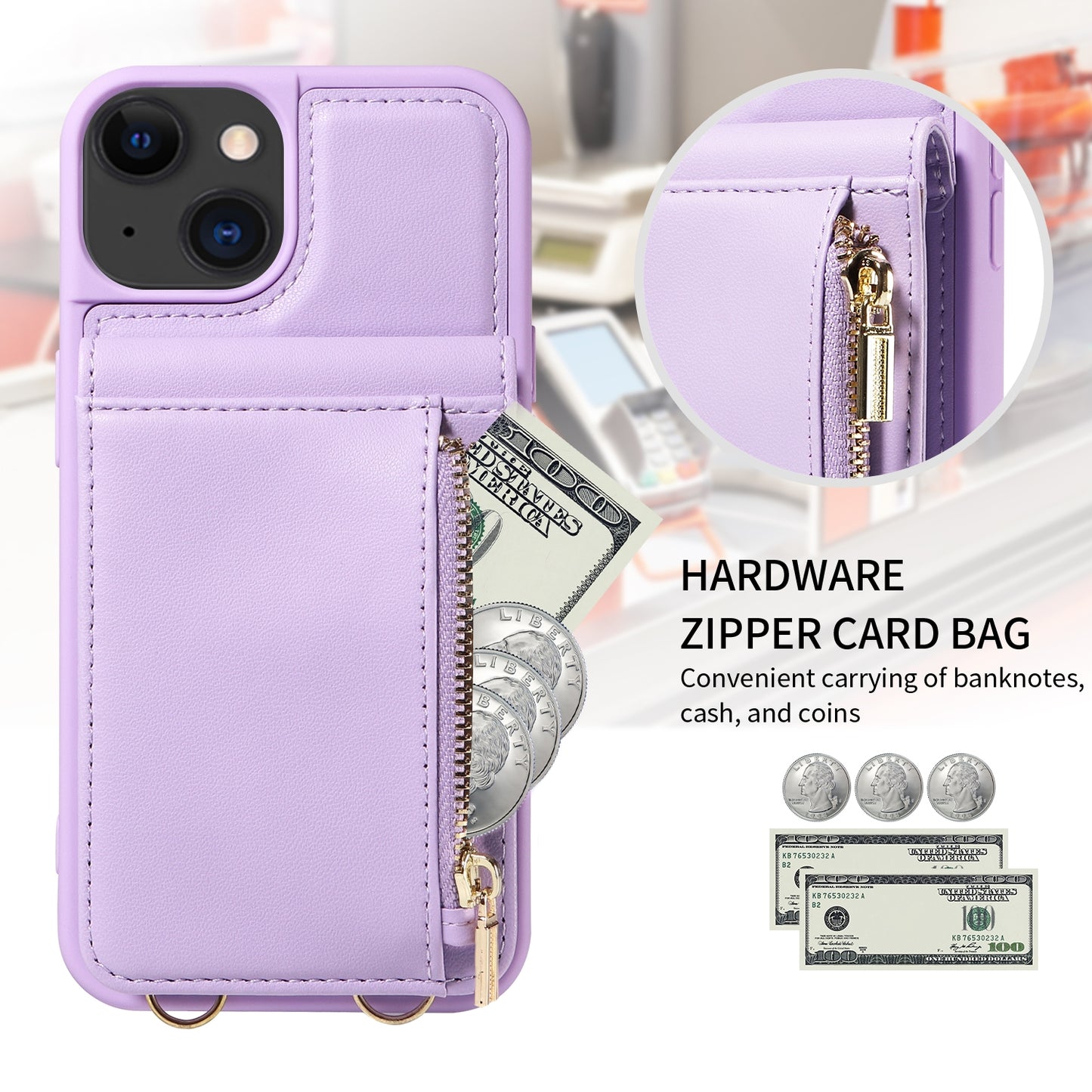 ELECTROPRIME For iPhone 15 Crossbody Lanyard Zipper Wallet Leather Phone Case(Purple)