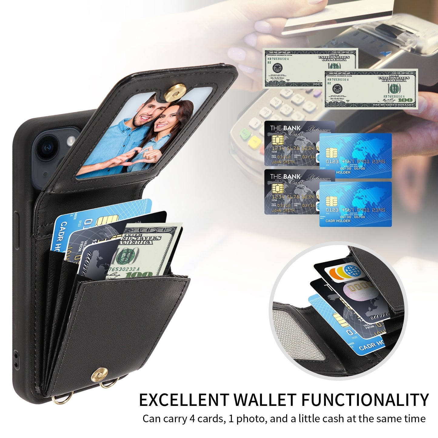 ELECTROPRIME For iPhone 15 Crossbody Lanyard Zipper Wallet Leather Phone Case(Black)