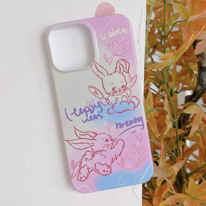 ELECTROPRIME For iPhone 15 Painted Pattern PC Phone Case(Pink Line Bunny)